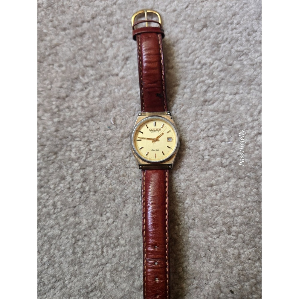 Citizen Seven Watch Mens Gold Tone Champagne Dial Date Quartz Dress Watch vtg